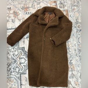 Long chocolate brown Sherpa coat